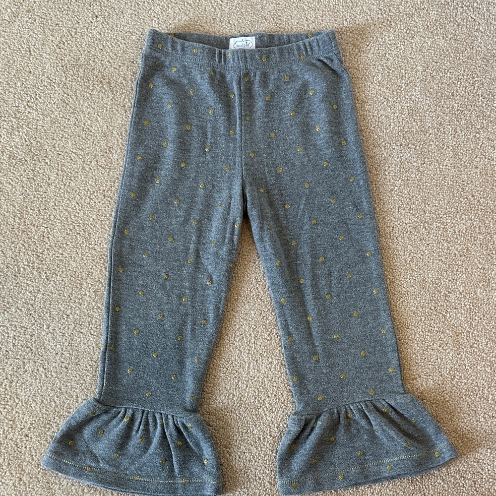 Mud Pie Grey Ruffle Hem Pants with Gold Polka Dots
